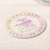 Sunset Blush Bow Bright Rose Save-The-Date ラウンドペーパーコースター (アングル)