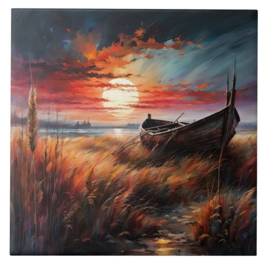 Sunset boat art serene landscape by the sea タイル (正面)