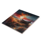 Sunset boat art serene landscape by the sea タイル (側面)