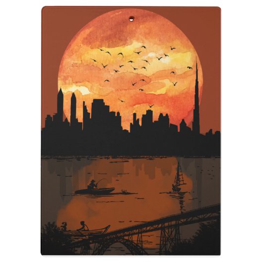Sunset City Skyline Silhouette Watercolor Spiral N クリップボード (裏面)