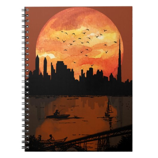 Sunset City Skyline Silhouette Watercolor Spiral N ノートブック (正面)
