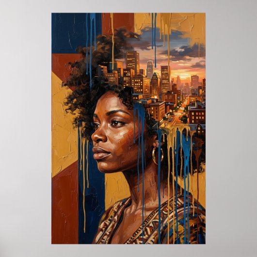 Sunset Cityscape Afrofuturism Black Queen ポスター (正面)