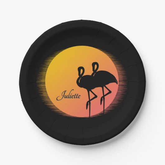 Sunset Flamingos Personalの名前 ペーパープレート (正面)