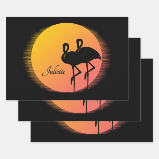 Sunset Flamingos Personalの名前 ラッピングペーパーシート (セット)