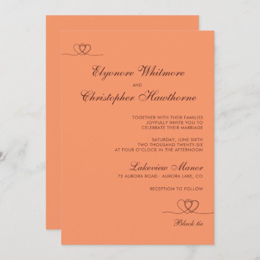 Sunset Glow Elegant Hearts Calligraphy Wedding 招待状 (正面/裏面)