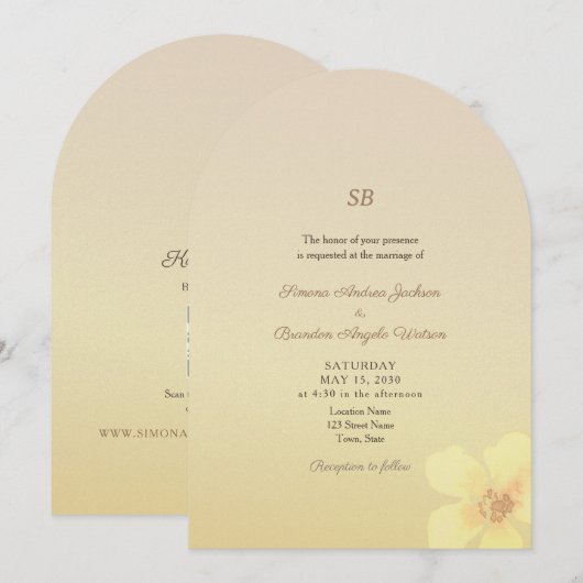 Sunset Glow Monogram QR Wedding 招待状 (正面/裏面)