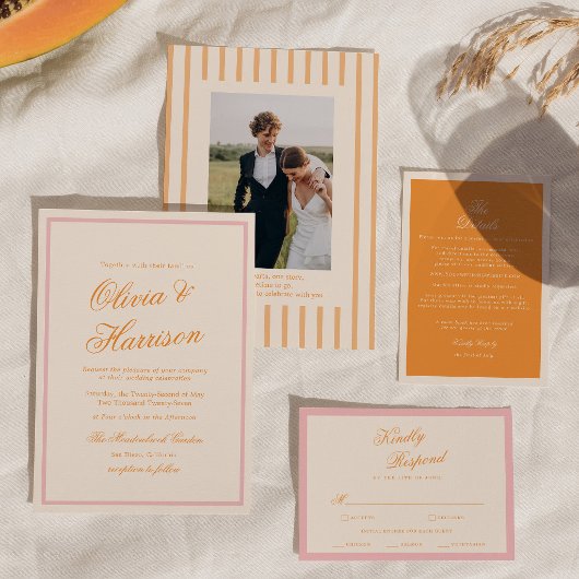 Sunset Glow Orange Pink Stripe Wedding Invitation 招待状