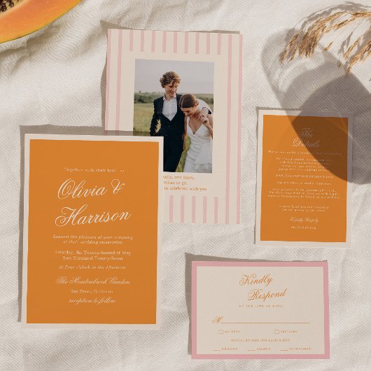 Sunset Glow Orange Script Wedding Menu Card 招待状