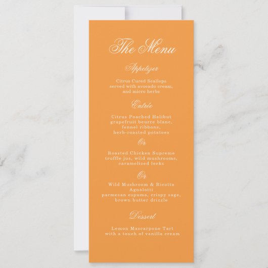 Sunset Glow Orange Script Wedding Menu Card 招待状 (正面)