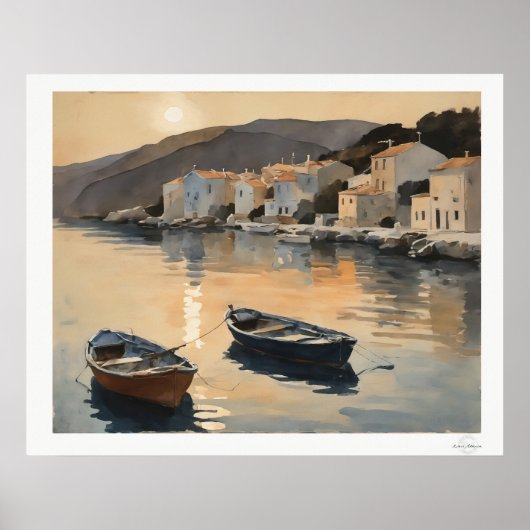 Sunset Harbor Reflection Oil Painting Art Print ポスター (正面)