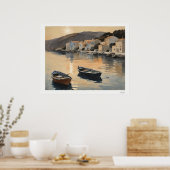 Sunset Harbor Reflection Oil Painting Art Print ポスター (キッチン)