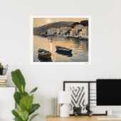 Sunset Harbor Reflection Oil Painting Art Print ポスター (ホームオフィス)
