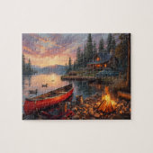 Sunset Lake Cabin Canoe Campfire Scenery ジグソーパズル (横)