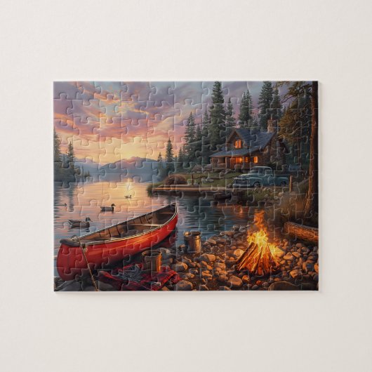 Sunset Lake Cabin Canoe Campfire Scenery ジグソーパズル (横)