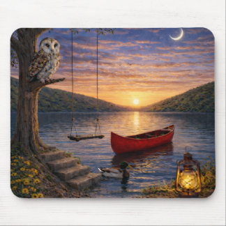 Sunset Lake Owl Canoe Mouse Pad マウスパッド