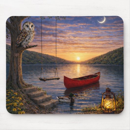 Sunset Lake Owl Canoe Mouse Pad マウスパッド (正面)