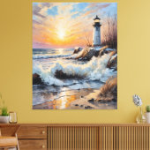 Sunset Lighthouse – Coastal Impressionist Seascape キャンバスプリント (インサイチュ (リビング))
