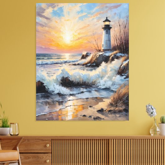 Sunset Lighthouse – Coastal Impressionist Seascape キャンバスプリント (インサイチュ (リビング))