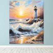 Sunset Lighthouse – Coastal Impressionist Seascape キャンバスプリント (インサイチュ (ウッドフロア))
