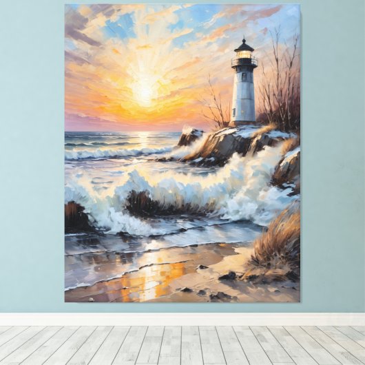 Sunset Lighthouse – Coastal Impressionist Seascape キャンバスプリント (インサイチュ (ウッドフロア))