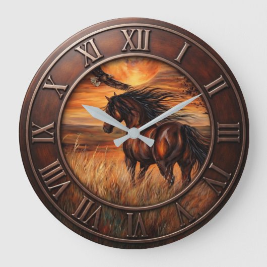 Sunset Meadow Horse Rustic Equestrian Eagle Timepi ラージ壁時計 (正面)