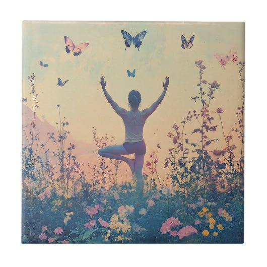 Sunset Meadow Meditation with Butterflies (7) タイル (正面)