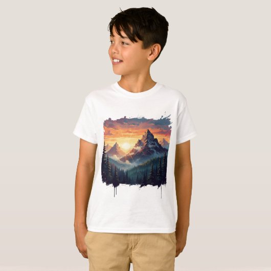 Sunset Mountain Forest Art T-Shirt Tシャツ (正面フル)