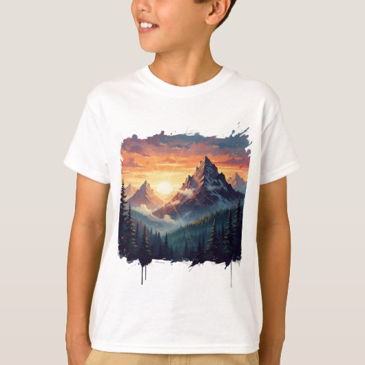 Sunset Mountain Forest Art T-Shirt Tシャツ (正面)