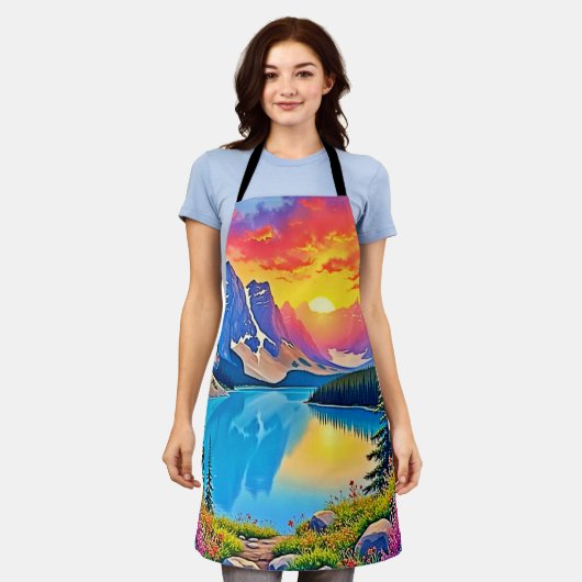 Sunset Mountain Lake Majesty Art エプロン (着用した状態)