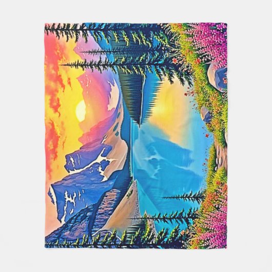Sunset Mountain Lake Majesty Art フリースブランケット (正面)