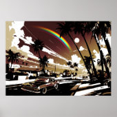 Sunset Muscle Car Hawaii Rainbow Retro Street Art ポスター (正面)