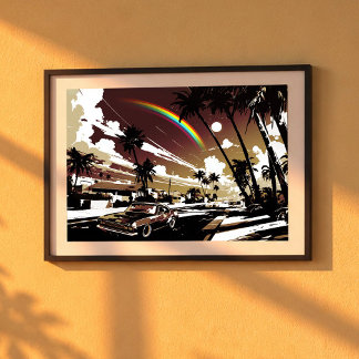Sunset Muscle Car Hawaii Rainbow Retro Street Art ポスター