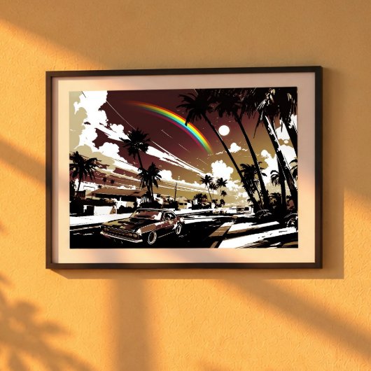 Sunset Muscle Car Hawaii Rainbow Retro Street Art ポスター