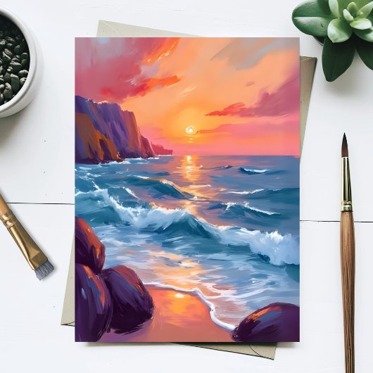 Sunset Ocean Waves Beach Watercolor Painting Card