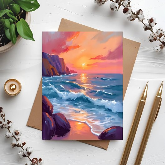 Sunset Ocean Waves Beach Watercolor Painting Card
