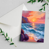 Sunset Ocean Waves Beach Watercolor Painting Card