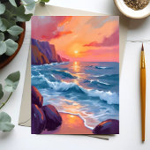 Sunset Ocean Waves Beach Watercolor Painting Card