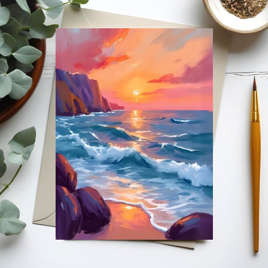 Sunset Ocean Waves Beach Watercolor Painting Card