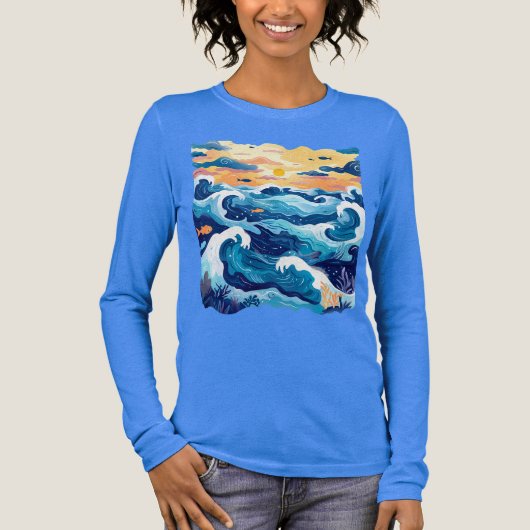 Sunset Ocean Waves T-Shirt – Artistic Sea and Sky  トライブレンドＴシャツ (正面)