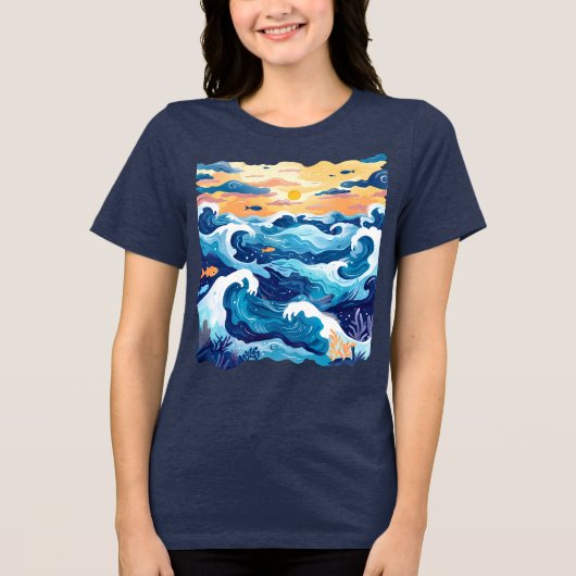 Sunset Ocean Waves T-Shirt – Artistic Sea and Sky  トライブレンドＴシャツ (正面)