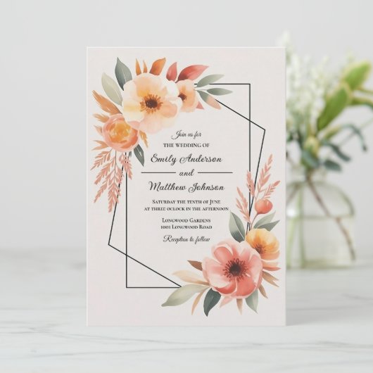 Sunset Orange Floral Frame Wedding Invitation 招待状 (スタンド正面)