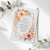 Sunset Orange Floral Frame Wedding Invitation 招待状