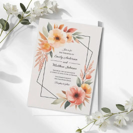 Sunset Orange Floral Frame Wedding Invitation 招待状