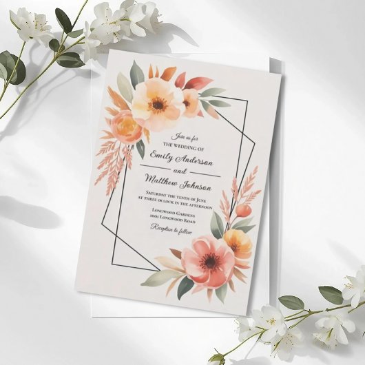 Sunset Orange Floral Frame Wedding Invitation 招待状
