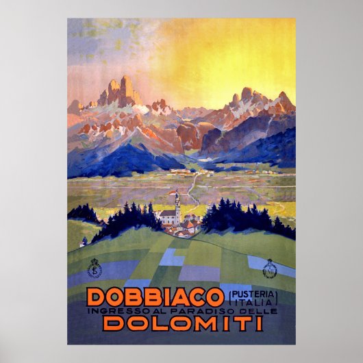 Sunset over Dobbiacho, Dolomites mountains, Italy ポスター (正面)
