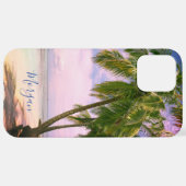 Sunset Palm Trees，あなたの写真，名前Blue Script iPhoneケース (裏面横)
