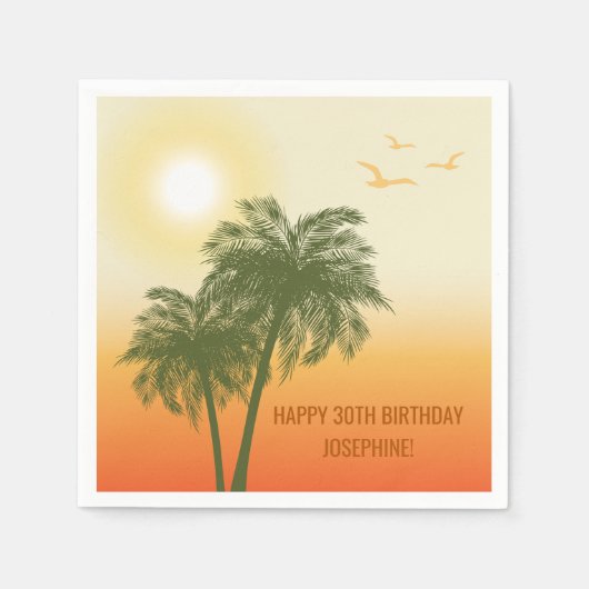Sunset Palm Trees And Birds Tropical Birthday スタンダードカクテルナプキン (正面)