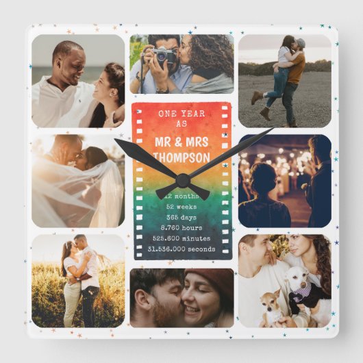 Sunset Photo Collage Mr and Mrs 1st Anniversary スクエア壁時計 (正面)