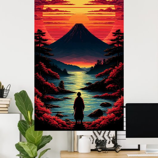 Sunset River With Volcano ポスター (ホームオフィス)