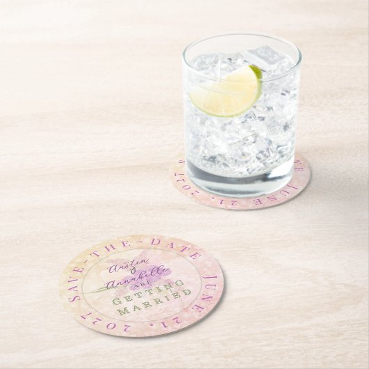 Sunset Rose Blush Bow Bouquet Save-the-Date  ラウンドペーパーコースター (インサイチュ)